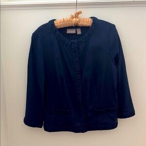 Chico's Navy Ruffle Trim Linen Jacket